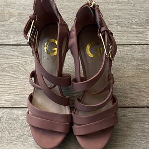 G by GUESS Mauve Brown Strappy Block Heel Sandals